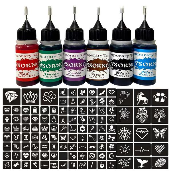 Temporary Tattoo Kit,6 Bottles Temporary Tattoo Ink 0.5oz with 125Pcs Tattoo Stencils,DIY Fake Tattoo for Women Men Kids Body Art Painting PATY13