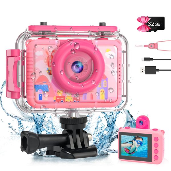 PROGRACE Kids Digital Waterproof Camera - 2024 Upgrade Underwater Camera Birthday Gifts for Girls Children Action Camera with 32GB SD Card, Pool Toys for Kids Age 4 5 6 7 8 9 10 12