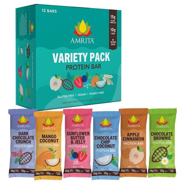 AMRITA Vegan Protein Bars Variety Pack (6 Flavors) | Peanut/Dairy Free, Soy & Gluten Free | 15g Plant Based Protein Bars | High Fiber Low Sugar Meal Replacement Bar - Breakfast Bars, High Protein Bars