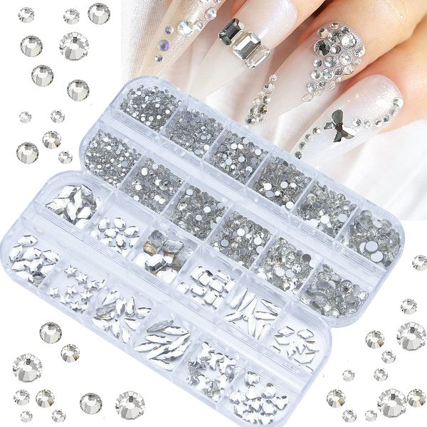 2120Pcs White Nail Rhinestones Crystals Glass Gems Stones White Round Beads Multi Shapes Sizes Flatback Rhinestones for Nail DIY Crafts Clothes Shoes Jewelry