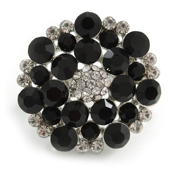 Avalaya Black/Clear Diamante Cocktail Ring/Silver Tone/Adjustable/Size 7/8