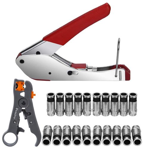Preciva Coax Cable Crimper, Coaxial Cable Compression Tool Kit with Crimp Tool, Double-Blade Wire Terminal Stripper Adjustable for Coaxial Cable RG59/6/58/174, 20 F Connectors(for RG6 Cable&Cable TV)