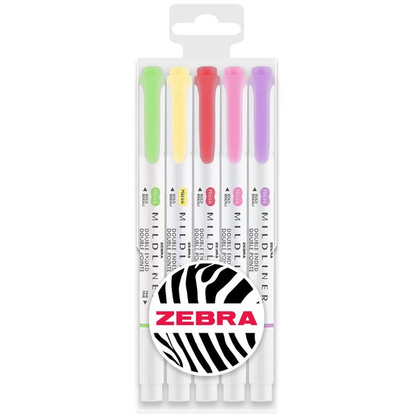 Zebra Mildliner Creative Marker Highlighter Pens - Double Ended - Chisel & Bullet Tip - Wallet Set of 5 (Assorted)