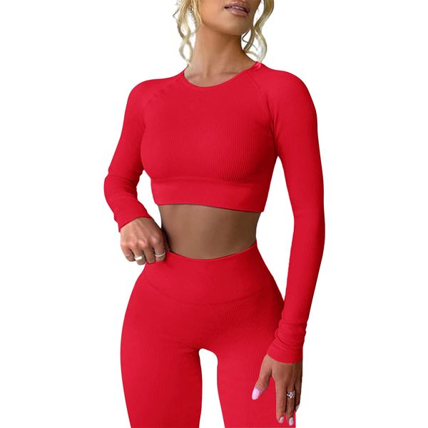 Mayround Workout Outfits for Women 2 Piece Ribbed Long Sleeve Crop Top High Waist Yoga Leggings Sets