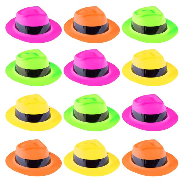 Super Z Outlet 12 Pack Neon Mafia Style Gangster Fedora Dress Hats Children's Birthday Props Supplies Favors