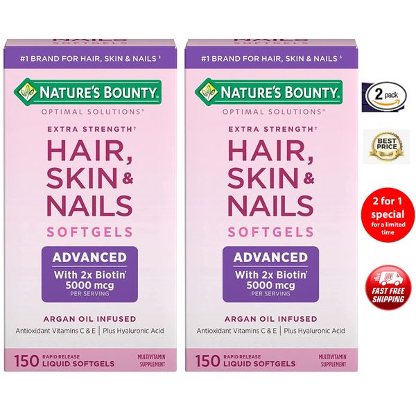 2 Pack Hair, Skin, Nails Rapid Release 300 Softgels With 2x Biotin Argan-Infused