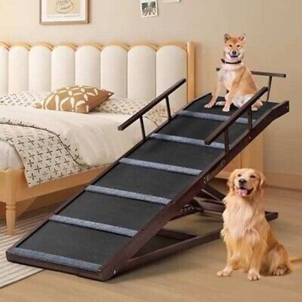 65" Folding Dog Ramp for Bed, Couch & Car | Adjustable 18"-33" | Dark Brown