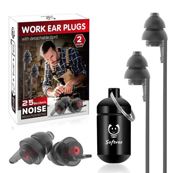 Softvox Corded Ear Plugs for Work [2 Pairs], 100x Reusable Noise Reduction Soft Earplugs with Detachable Cord for Shooting Range Ear Protection, Construction Mowing Focus Safety Hearing Protection