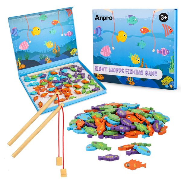 Anpro Wooden Magnetic Fishing Sight Words Game Learning, Alphabet Puzzle Flashcards Montessori Toys with 2 Play Modes, Homeschool Sight Word Educational Toy for Preschool 3 4 5 Year Old Kids