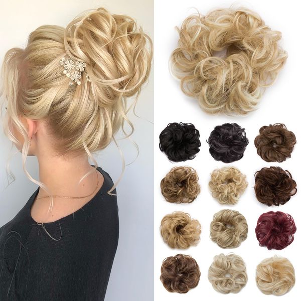 Benehair Messy Bun Hair Piece Scrunchy Updo Hair Pieces for Women Fluffy Wavy Hair Bun Scrunchies Donut Hairpiece Synthetic Chignons With Elastic Rubber Band Dark Blonde & Bleach Blonde 1pc 25g