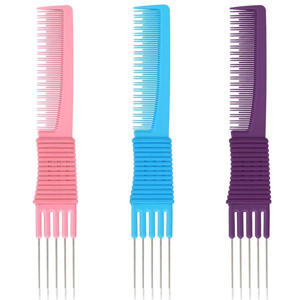 3 Pack Lift Teasing Combs with Metal Prong Salon Teasing Back Combs Hair Styling Comb Lifting Fluffing Comb with Metal Pick Hair Picks for Women