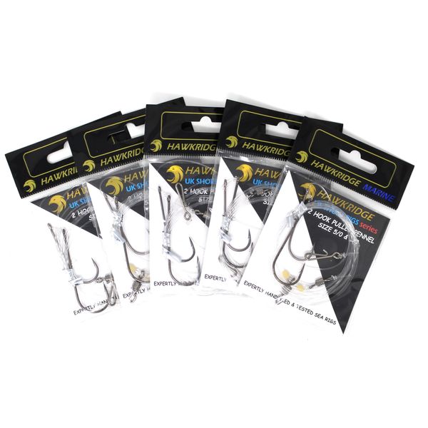 HAWKRIDGE RIG PRO SERIES - 5 Packs of Commercial Quality Fishing Rigs - 2 Hook - PULLEY PENNEL Ready Tied - Ideal for Sea Surf Casting Fishing (Tied to 50lb Snood) (HOOK SIZE - 3/0)