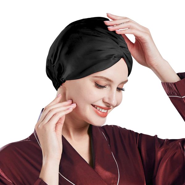 Miwen Silk Sleep Cap, Pure Mulberry Silk Turban, Hair Wrap & Head Cover, Hair Bonnet for Hair Care Black