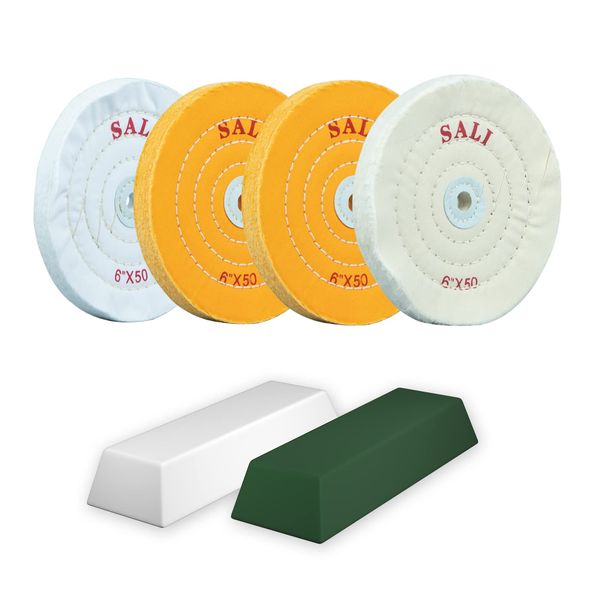 SALI Pack of 4 Polishing Discs Set for Drill and Polishing Stand, 150 mm Buffing Discs with Polishing Paste Kit for Metals & Wood, Yellow, White Cotton & 50-Ply Cotton Polishing Discs