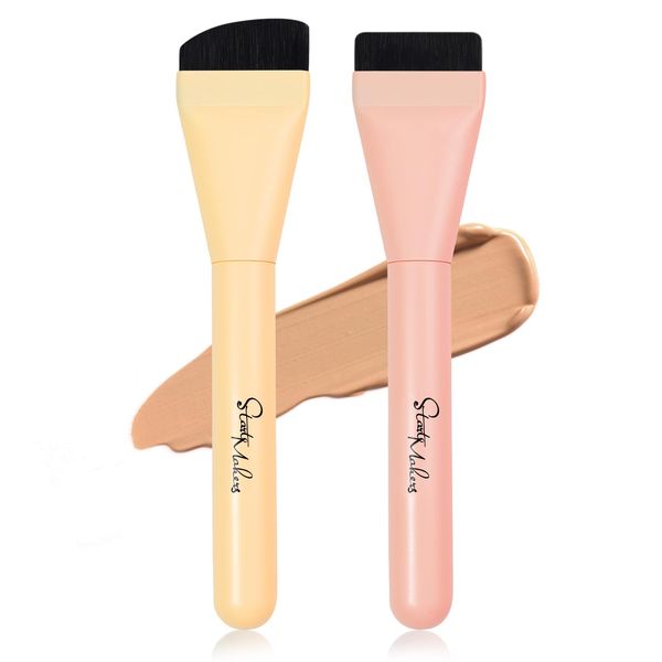 Foundation Brush, 2Pcs Ultra Thin Foundation Brush for Liquid Makeup, Flat Foundation Brush & Slanted Angled Contour Brush Concealer Brush, Dense Makeup Brush for Blending, Cream, Masks