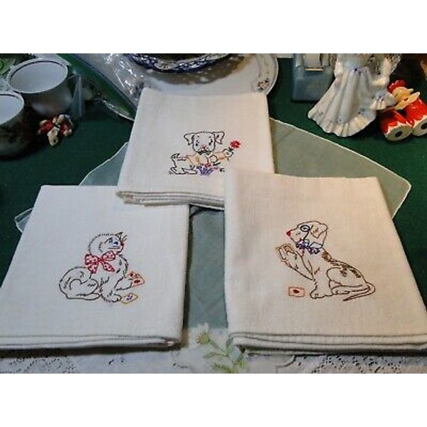 3 Vint. Embroid. Pet Linen Dish Towels, 1 w/ Small Stain, 32" x 20", Exc. Cond.