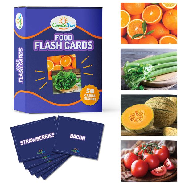 Food Flash Cards - 50 Educational Flash Cards for Children and Adults - Fun Vocabulary Builder Flash Cards for Speech Therapy, ESL, Occupational Therapy, and More