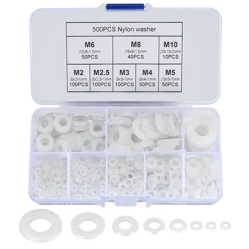 500 PCS White Nylon Washers, Plastic Flat O-Ring Washers, Round Gasket Washers Assortment, Faucet Gasket Washers for Pipes, Faucets, Mechanical Repairs - M2/M2.5/M3/M4/M5/M6/ M8/M10