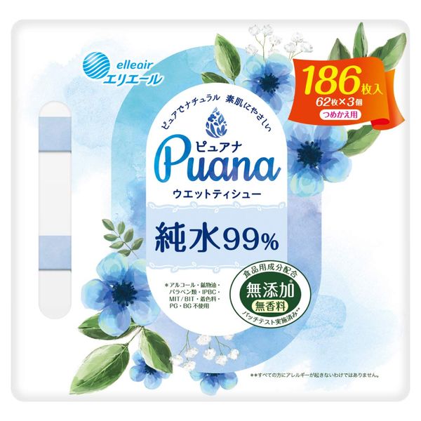 Elleair Puana Wet Tissue (Additive-free) 99% Pure Water, Refill, 186 Sheets (62 Sheets x 3 Pack)