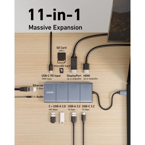 Anker 565 11-in-1 USB-C Hub, Docking Station with 10 Gbps USB-C & USB-A Data Ports, 4K HDMI, DisplayPort, 100W PD, 2 USB 2.0 Data, Ethernet, AUX, microSD & SD, for MacBook Pro and More