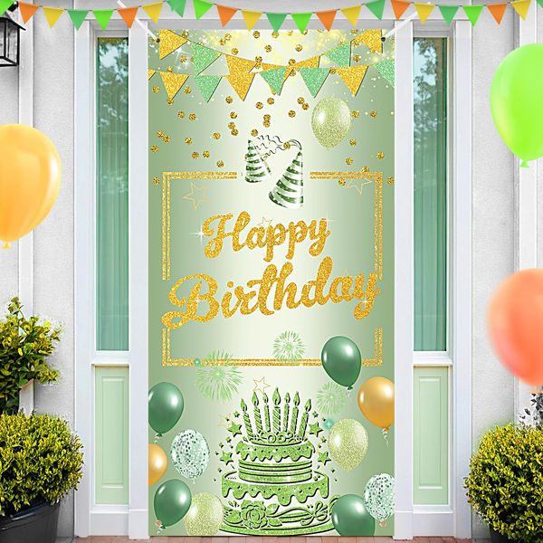 Sage Green Birthday Banner Decorations for Girls Women Sage Green Happy Birthday Door Cover Banner Light Green Birthday Banner Backdrop Porch Banner Sage Green Birthday Party Supplies for Baby Shower