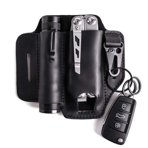 Gentlestache Leather Sheath for Leatherman Multitool Sheath EDC Pocket Organizer with Key Holder for Belt and Flashlight Sheath Multitool Pouch Black Color