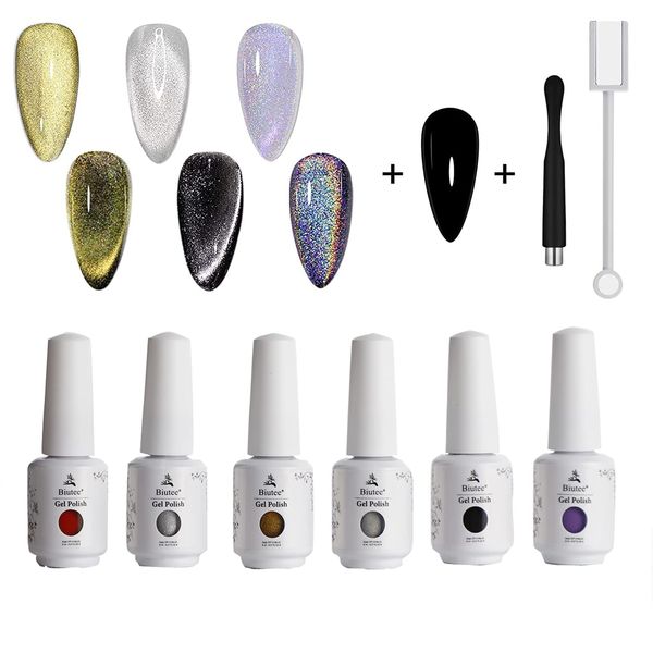 Biutee Holographic Glitter 9D Cat Eye Gel Nail Polish Kit 6 colors - Magnetic Gel Polish and Black Color Gel Soak Off UV Gel Nail Art Varnish - Home DIY Nail Art Salon