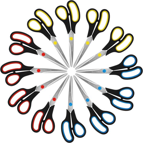 Belle Vous 12 Pack of Assorted Scissors - 21cm/8.27 Inch Overall Length - Sharp Stainless Steel Blades with Soft Comfort Grip Handles - for Office and Home - Multipurpose Craft Scissors/Shears