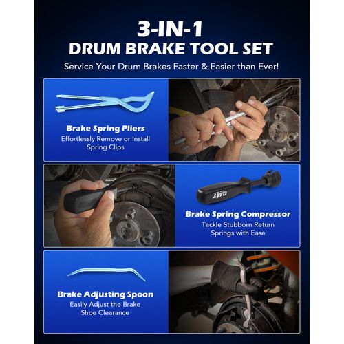 Orion Motor Tech Drum Brake Tool Kit, 3 pc Drum Brake Adjustment Tool Set with Brake Spring Compressor Tool and Brake Spoon, Double Ended Brake Spring Pliers for Brake Spring Removal and Installation