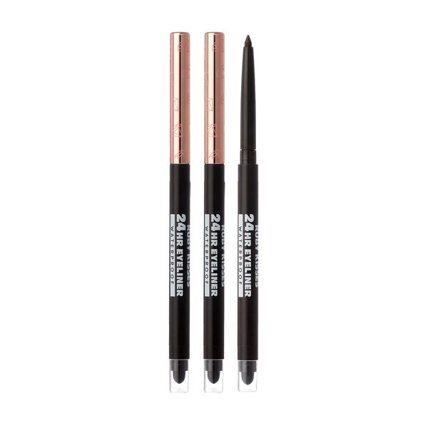 Ruby Kisses Waterproof Eyeliner, 24HR Waterproof Long-Lasting Mechanical Eyeliner Pencil with Built-in Sharpener, Smudgeproof 3 Pack (Black Brown)