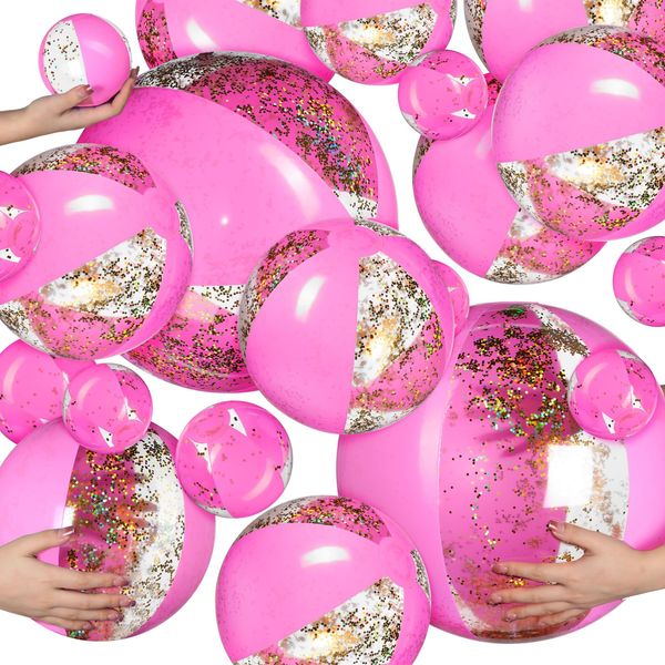 Sratte 20 Pcs Inflatable Beach Balls Multiple Sizes PVC Swimming Pool Ball for Boys Girls Adults Summer Pool Toys Hawaii Luau Party Favor Water Pool Sand Balls(Pink,Sequin)