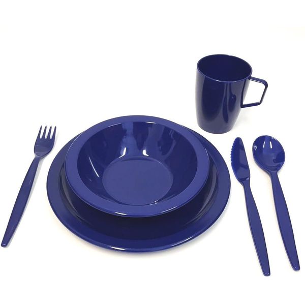 Harfield Camping Tableware Royal Blue Outdoor Dining Set - Plate, Bowl, Beaker & Cutlery Reusable Virtually Unbreakable Polycarbonate Plastic