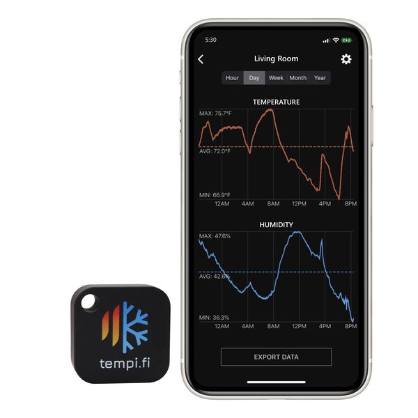 tempi.fi Mini Wireless Temperature and Humidity Sensor - Developed in The USA - 24/7 Data Logger with Alarm – Bluetooth Smart Thermometer and Hygrometer - Monitor Refrigerator Freezer Pets (T3)