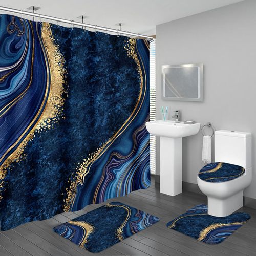 BayNook 4PCS Navy Blue Gold Marble Bathroom Sets with Shower Curtain and Rugs, Abstract Shower Curtain Sets with Rugs for Bathroom Decor, Modern Bathroom Curtains Shower Set with Toilet Lid Cover