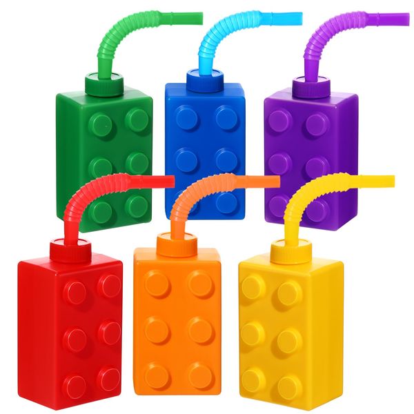 Building Blocks Cups 10 oz Reusable Brick Party Kids Cup Plastic Party Cups with Lids and Straws for Block Birthday Party Supplies and Favors(6 Set)