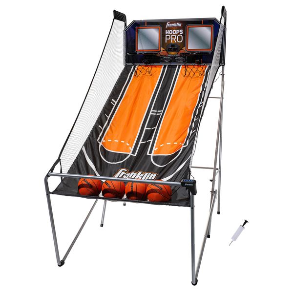 Franklin Sports Basketball Arcade Shootout - Indoor Electronic Double Basketball Hoop Game - Dual Hoops Pro Basketball Shooting with Electronic Scoreboard + (4) Basketballs - 2 Player Shooting Game,Black/Orange