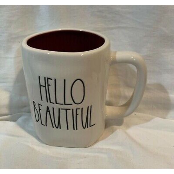 NEW! Rae Dunn "HELLO BEAUTIFUL" Ceramic Mug. Off White/Burgandy Inside