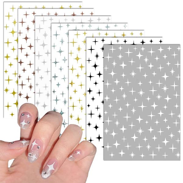 7 Sheets Stars Nail Art Stickers Decals, Nail Supplies 3D Self-Adhesive Nail Decals Metallic Stars Shiny Glitter Gold Silver White Nail Designs Stickers for Acrylic Nails Art Decoration Accessories