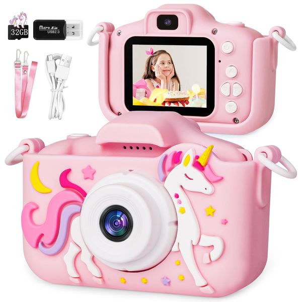 Ainiv Kids Camera, Unicorn Selfie Digital Camera for Girls, 1080P HD Video Camera for Kids with 32GB SD Card/2 Inch IPS Screen, Birthday Christmas Toys Gifts Shockproof Camera for Kids Age 3-12(Pink)