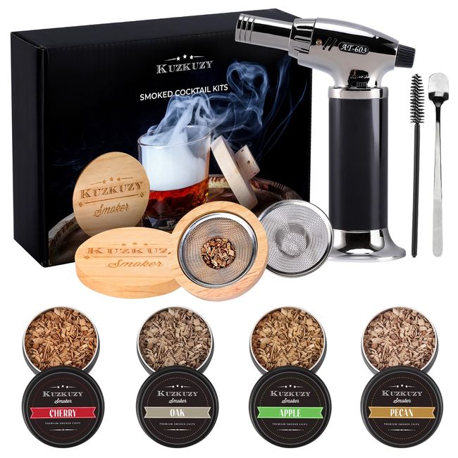 Cocktail Smoker Kit with Torch – 4 Flavors Wood Chips – Bourbon, Whiskey Smoker Infuser Kit, Old Fashioned Drink Smoker Kit, Birthday Bourbon Whiskey Gifts for Men, Dad, Husband (Without Butane)