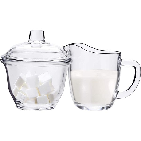 WUWEOT Glass Sugar and Creamer Set for Coffee and Tea, Clear Cream Pitcher and Sugar Bowl with Lid, Cream Jug Sugar Jar, Coffee Serving Set