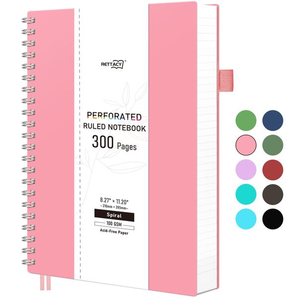 RETTACY A4 Spiral Notizbuch mit Linien, 150 Abreißbare Perforierte Blätter (Insgesamt 300 Seiten), 100g/m² Papier, 21,5 X 27,9 cm, Rosa