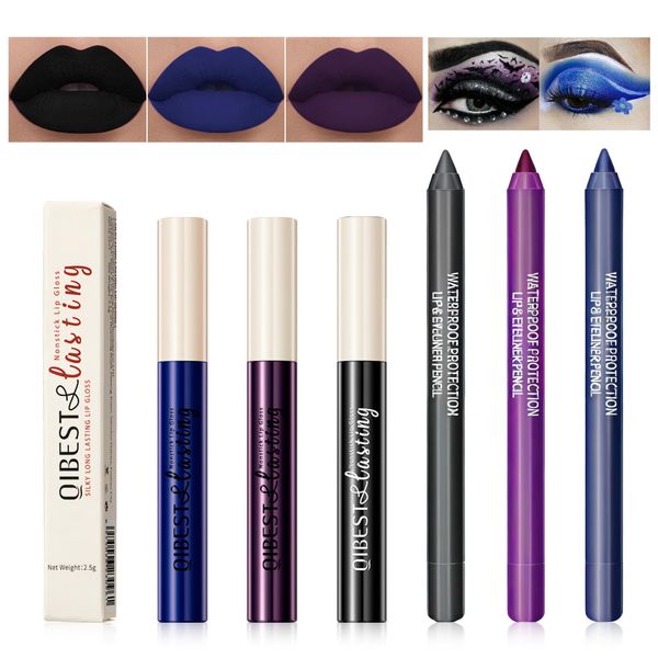 Likesing Pack of 6 Lipstick 3-in-1 Eyeliner Black Set Lipstick 24 Hours Hold Lip Gloss Eyeshadow Pencil Lip Liner Waterproof Long Lasting Lip Balm Eyeshadow Pen Eye Makeup Women