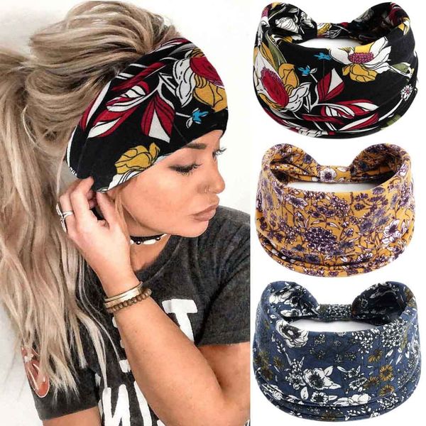 Fashband Breite Stirnbänder gelbe Blume Haarband Boho elastische Kopftücher Knoten Yoga Headwraps für Frauen und Mädchen (3 Stück)