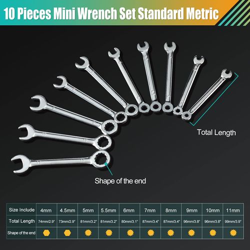 GOLD DEER 10 Pcs Mini Wrench Set Standard Metric 4-11mm Extra Slim Spanner with Mirror Finishing Wrench Set Combination Wrench Set Open End and Box End Ignition Wrenches with Storage Roll Pouch