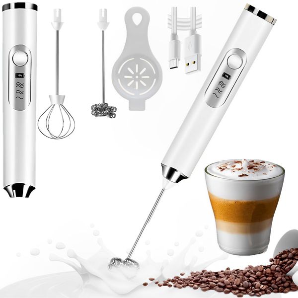 Milk Frother Handheld Coffee Frother Electric Whisk, USB Rechargeable 3 Gear Adjustable Milk Bubbler with 2 Stainless Whisks Egg Separator, Foam Maker for Coffee Latte Matcha