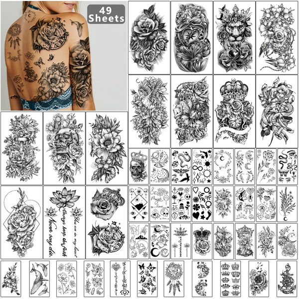 Yazhiji 49 sheets Large Flowers Butterfies Crown Waterproof Temporary Tattoos for Women and Girls,Fake Tattoos for Kids or Adults Body Make Up Tattoo