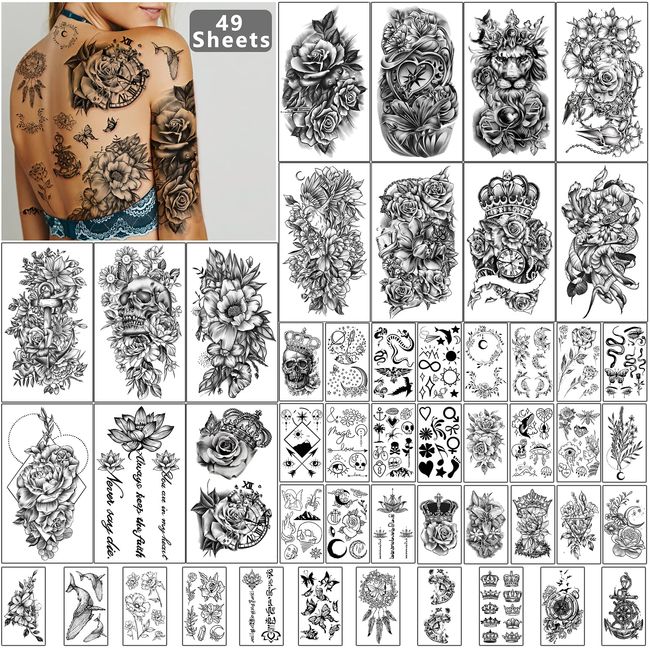 Yazhiji 49 sheets Large Flowers Butterfies Crown Waterproof Temporary Tattoos for Women and Girls,Fake Tattoos for Kids or Adults Body Make Up Tattoo