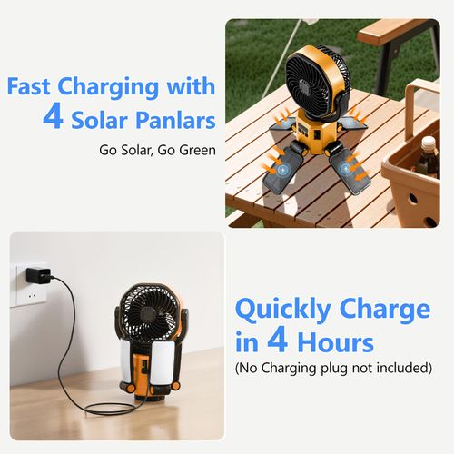 NIFBANG Solar Camping Fan Rechargeable,6000 mAh Battery Powered Automatic Oscillating Tent Fans with 4 Solar & LED Light Panals,Portable Camping Essentials for Canopy,Fishing,Travel,Outdoor,Yellow