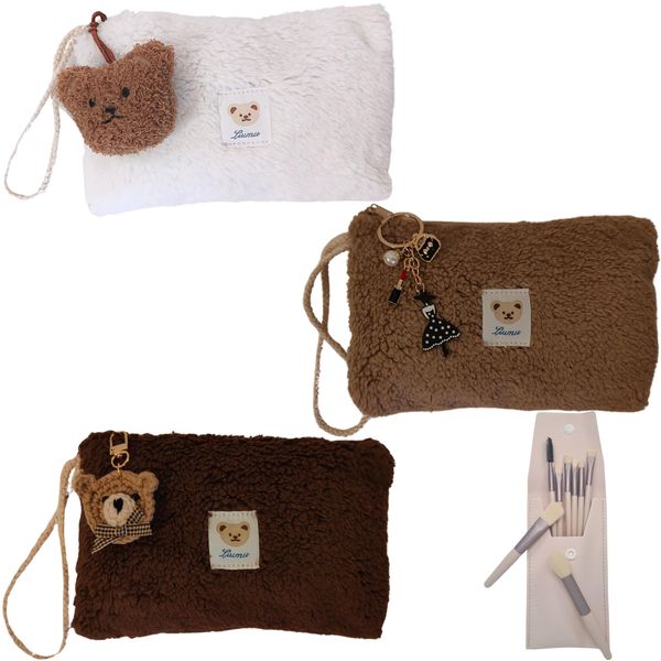 Iqobell Plush Cute Fluffy Makeup Bag with 1 Set of 8 Makeup Brushes Teddy Bear Travel Toiletry Pouch Handbag in White Brown Khaki, Gifts for Women, UK Brand (Khaki)